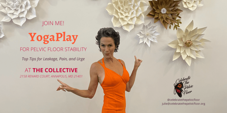 image of Julie smiling in an orange dress pointing to the words YogaPlay for Pelvic Floor Stability - event May 22, 2022